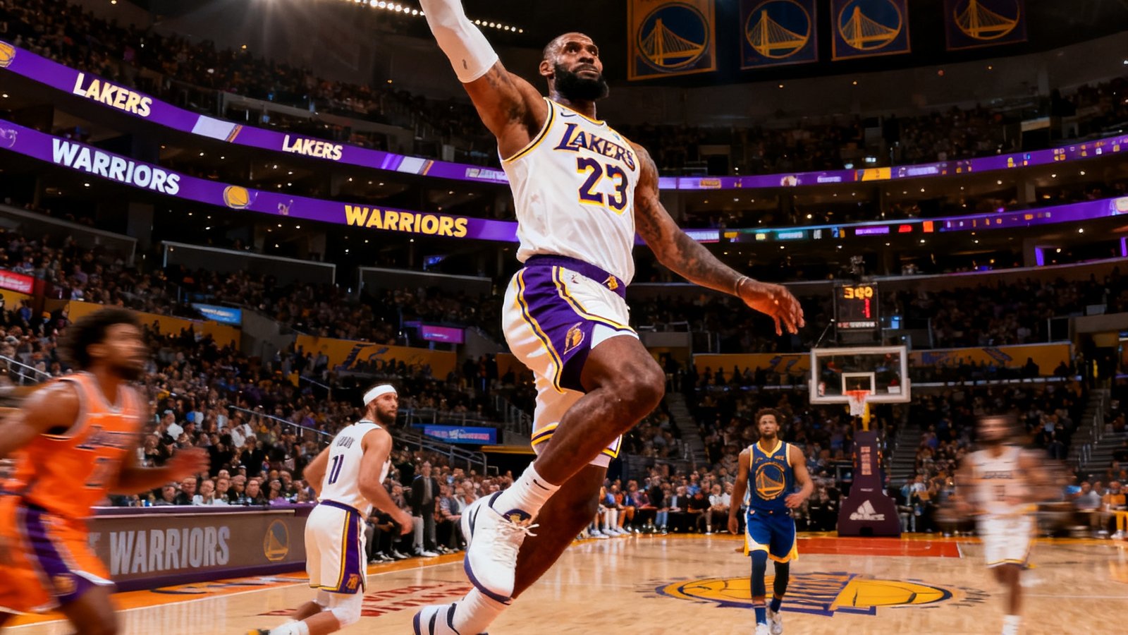 NBA湖人主场对阵勇士的比赛集锦封面，詹姆斯突破后单手劈扣的瞬间被定格